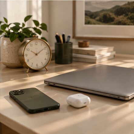 A phone set aside beside a journal in a calm room