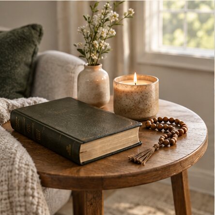 An open Bible and journal in warm morning light