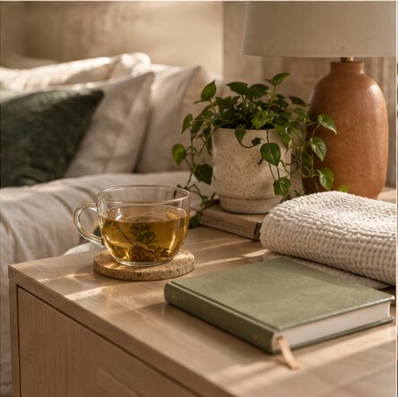 A quiet self-care moment with a journal and warm tea